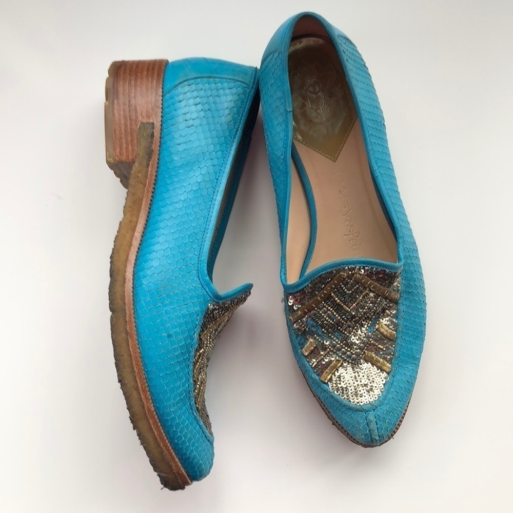 Femme Sars Pens Embellished Leather Loafers Teal Blue